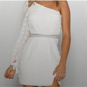 Elegant One-Shoulder White Dress with Silver Trim